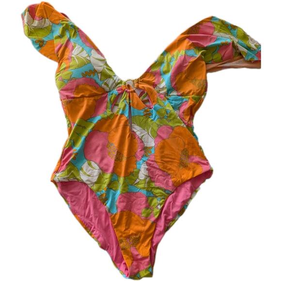 Trina Turk Playa Del Flor Flutter Sleeve 1 Piece Bathing Suit W/Matching CoverUp